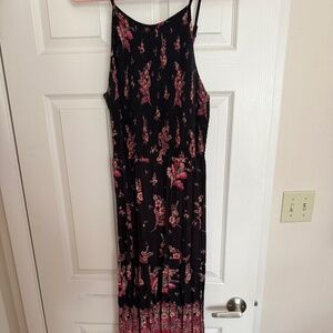Black and Pink floral print maxi dress with stretch top Size XXL